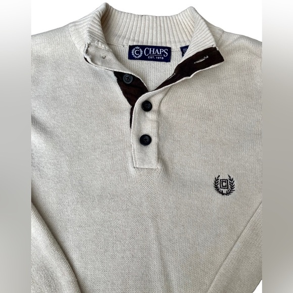 Chaps Cream Sweater 1/4 Button Up with Brown Elbow Patches Men's Small - Picture 2 of 10